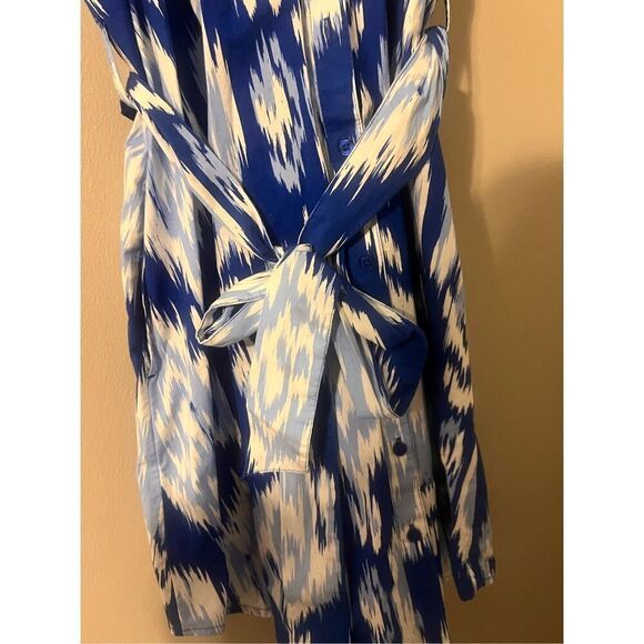 Crown & Ivy Womens L Tie Waist Boyfriend Dress Blue Ikat Print Sleeveless Summer - Picture 8 of 9
